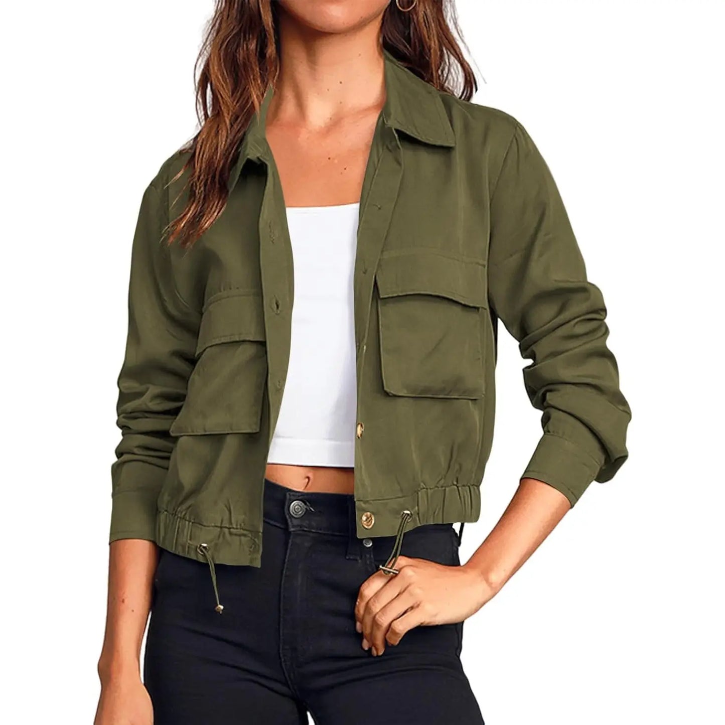 Women Lapel Collar Button Down Pocket Drawstring Hem Cargo Windbreaker Jacket