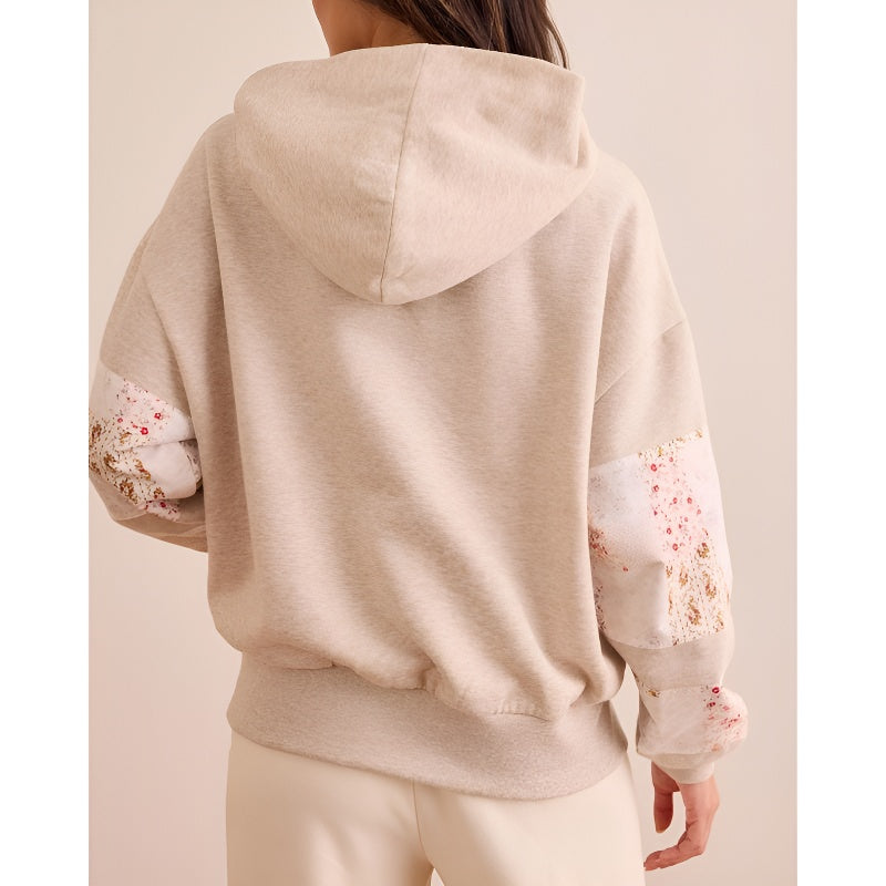 Womens Hooded Sweatshirt Long Sleeve Floral Print Patchwork Casual Loose Fit Tops