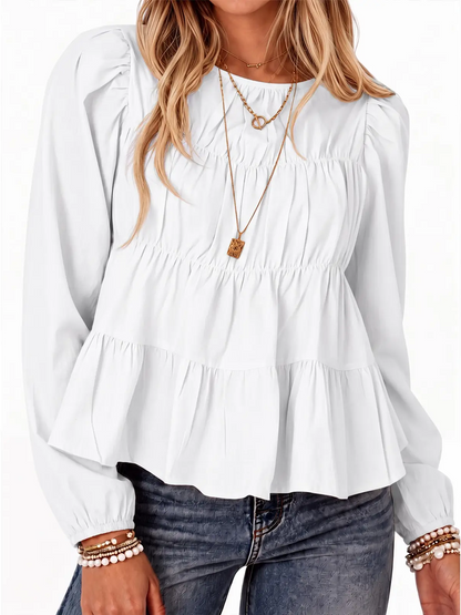 Women Puff Sleeve Babydoll Blouse Peplum Hem