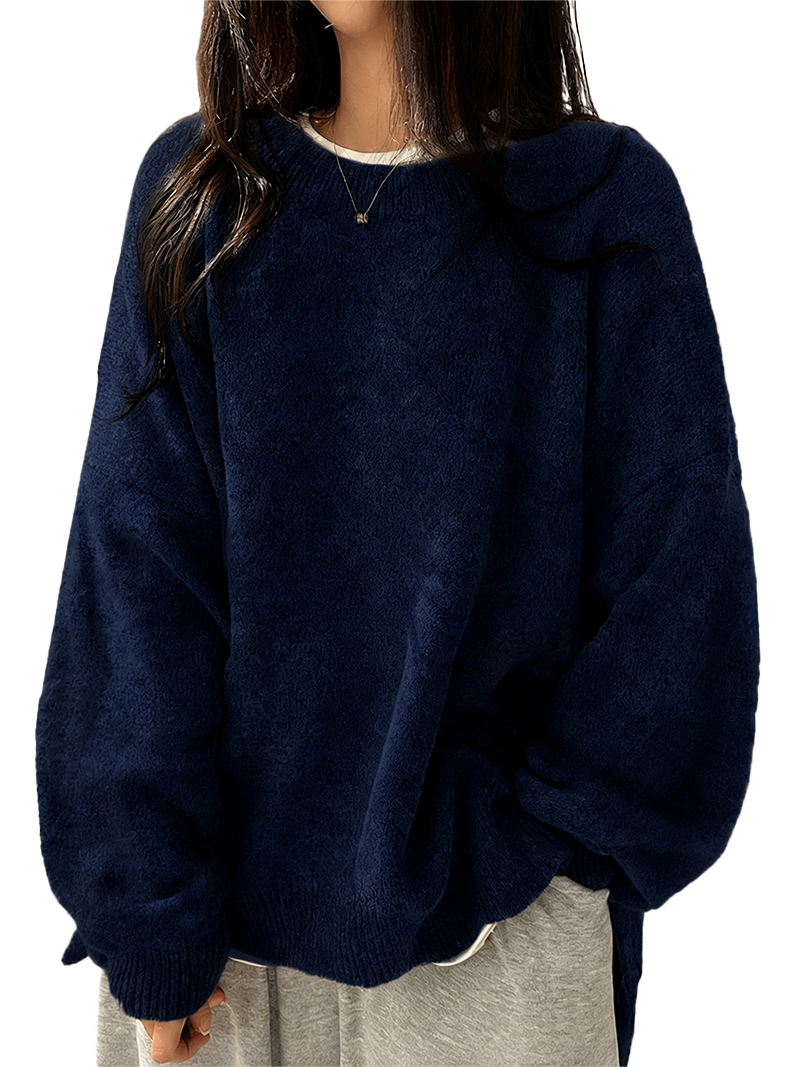 Oversized Round‑Neck Knit Sweater & Loose Split‑Hem Drop‑Shoulder Top