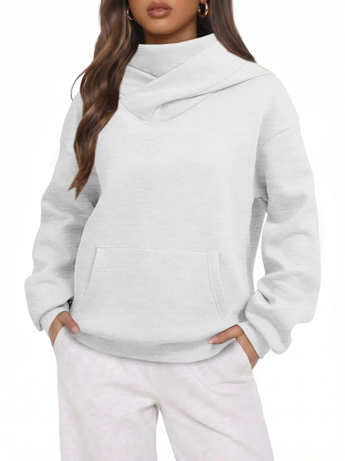 Women Cross Wrap Turtleneck Hoodie With Pocket