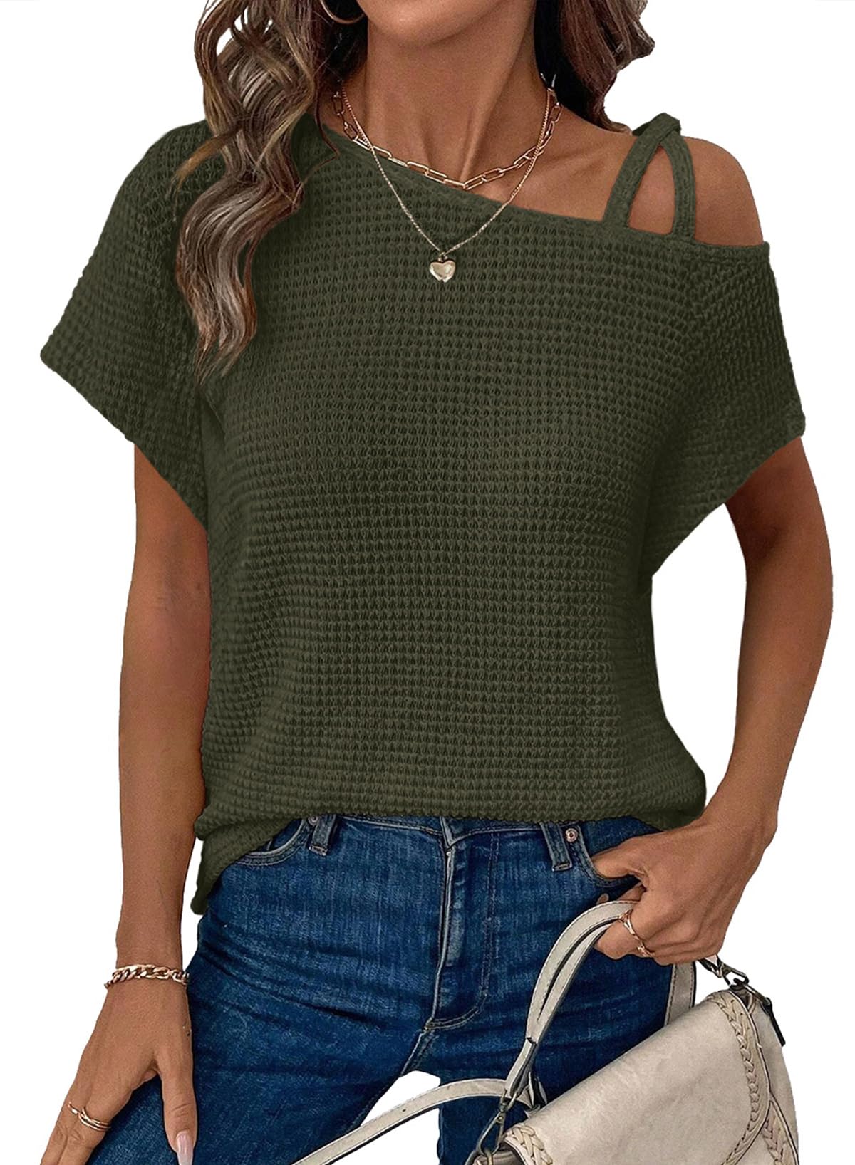 ✨Women's Off One Shoulder Waffle Knit Short Sleeve T-Shirts