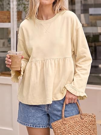 Women Crew Neck Ruffle Cuff Peplum Top