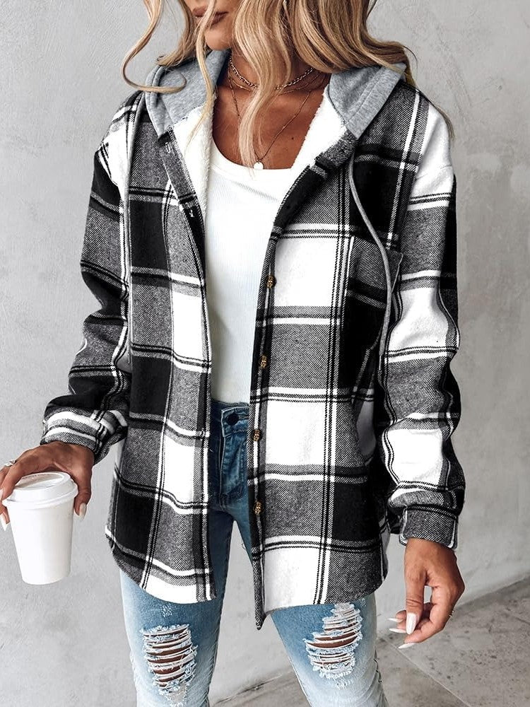 ✨Women's Plaid Button Down Fleece Lined Hooded Jackets Warm Coat