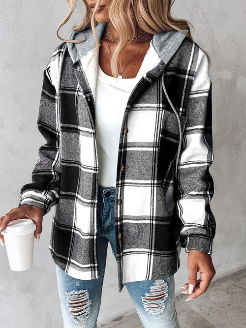 ✨Women's Plaid Button Down Fleece Lined Hooded Jackets Warm Coat