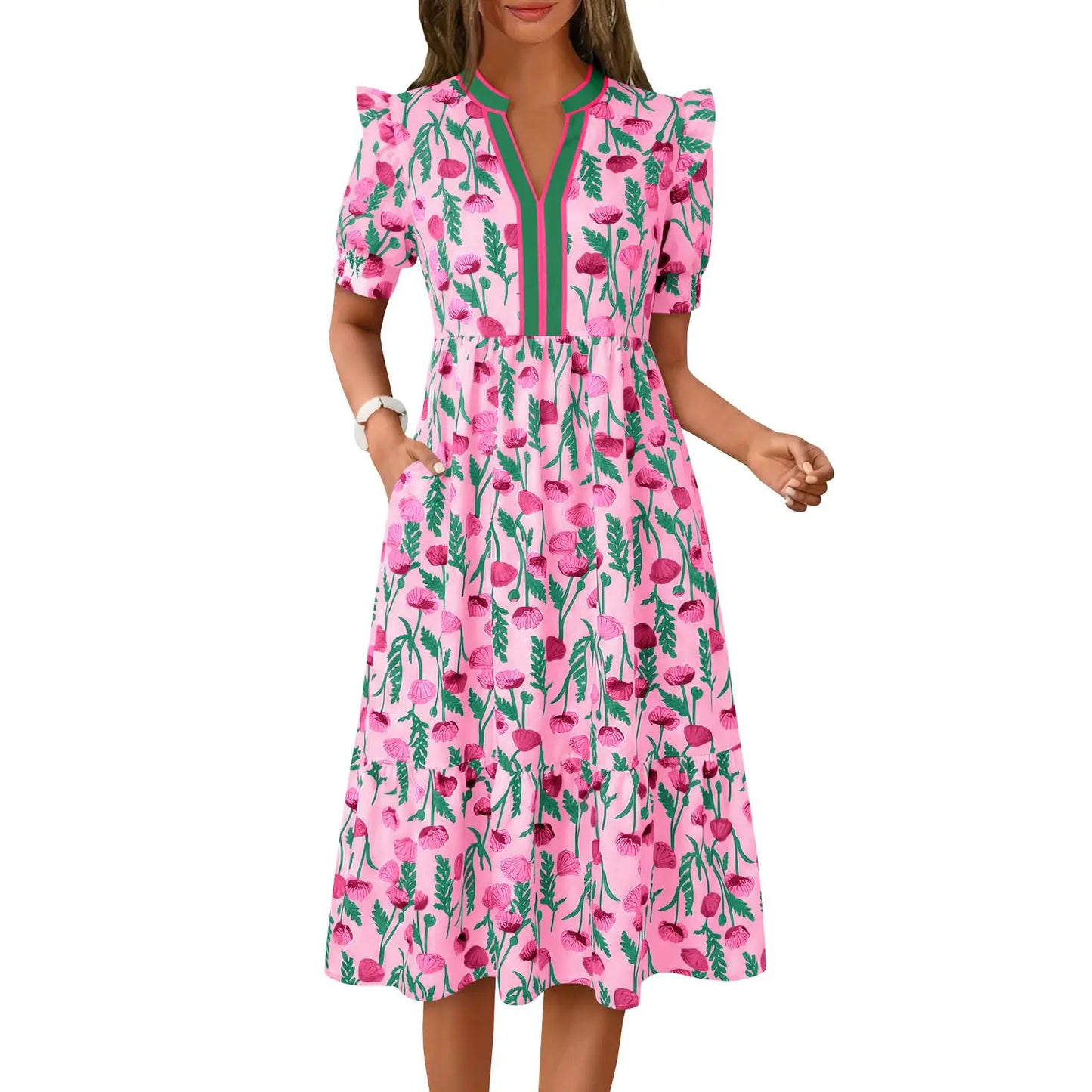 Women's Summer Midi Dress Casual Floral Puff Short Sleeve V Neck Swing