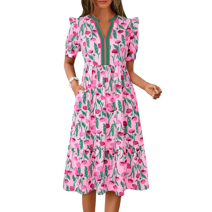 Women's Summer Midi Dress Casual Floral Puff Short Sleeve V Neck Swing