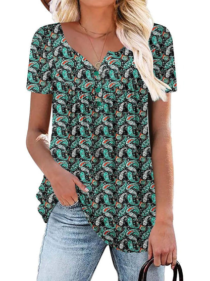 ✨Women's Printed Botton Down Pleated Short Sleeve Shirts Tunic Tops
