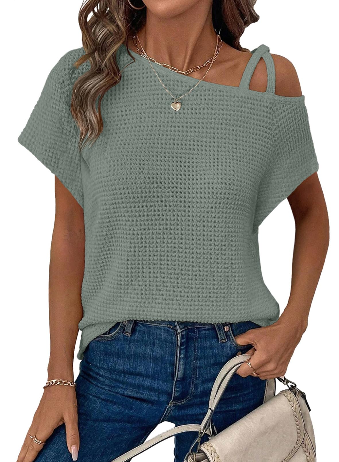 ✨Women's Off One Shoulder Waffle Knit Short Sleeve T-Shirts