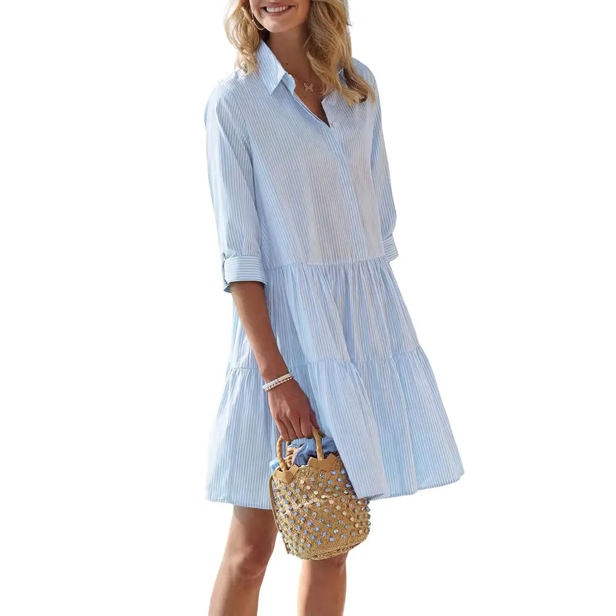 Women's Summer Striped Shirt Dress Half-Button Mini Cake Dress