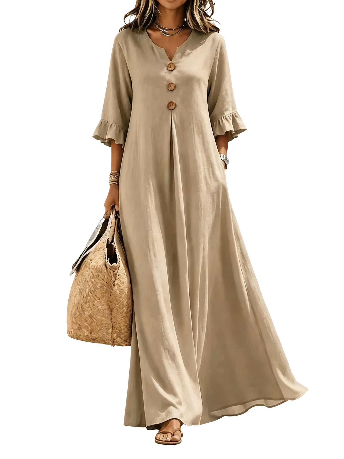 Women Boho Casual A‑Line Maxi Dress, V‑Neck Wooden Buttons Ruffled Long Sleeve Loose Solid Color Dress