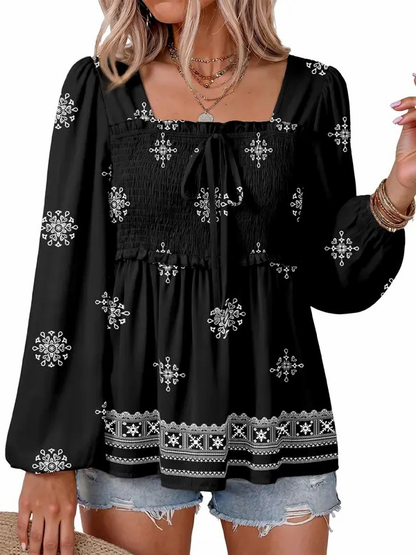 Women Loose Long Sleeve Square Neck Smocked Ruffle Peplum Casual Blouse
