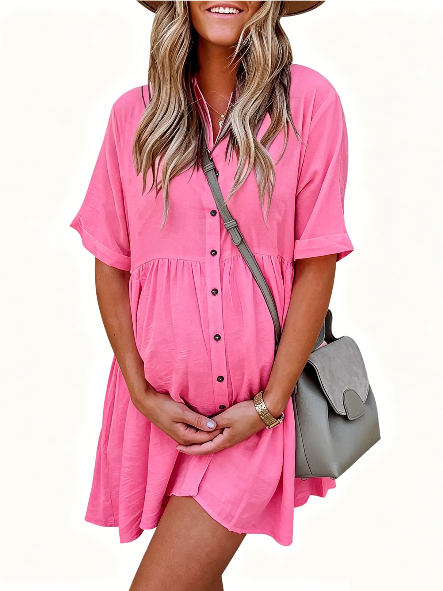 Women's short-sleeved babydoll dress, button closure, with pockets
