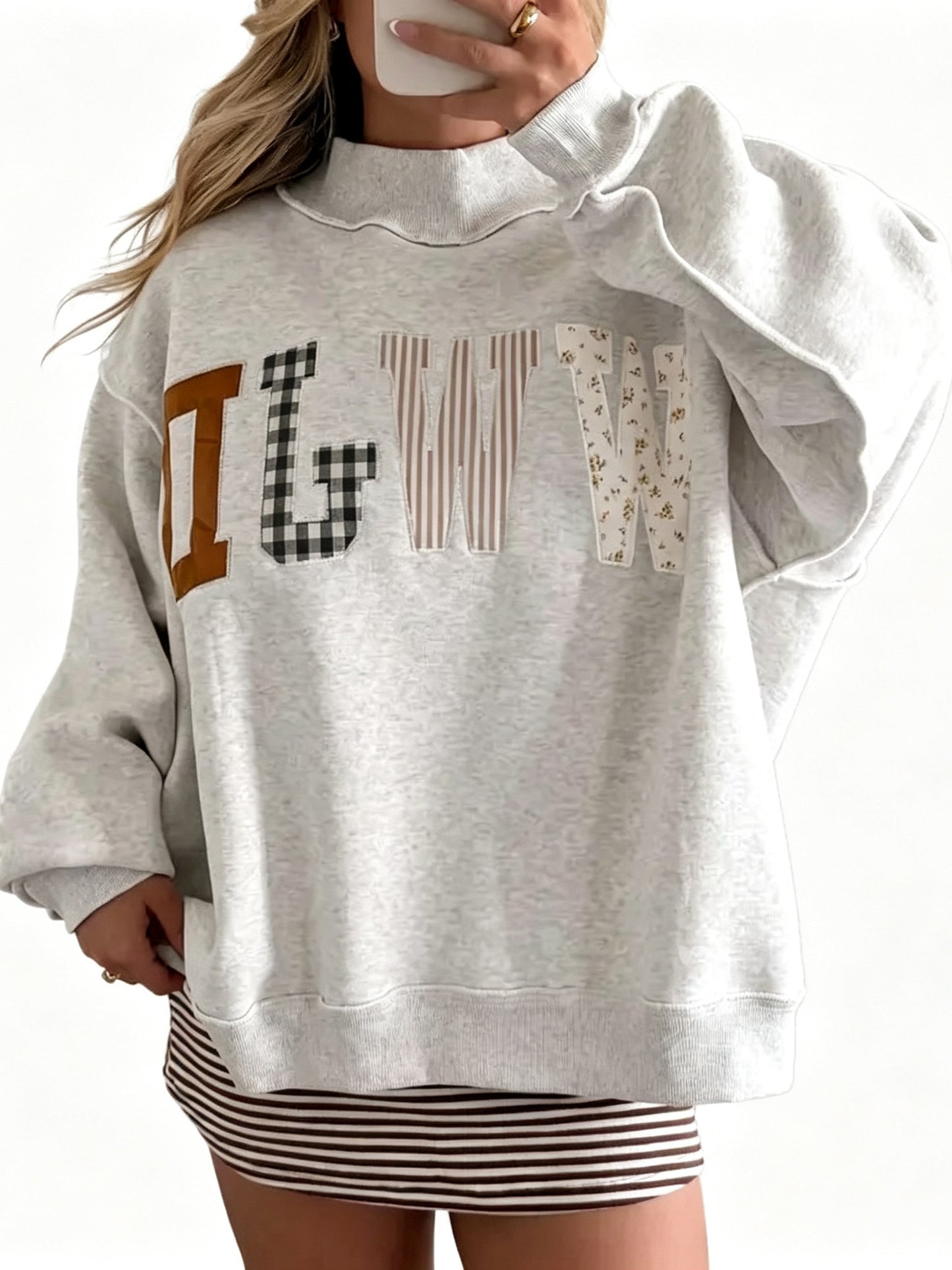 Women Mock Neck Applique Letter Pullover Sweatshirt