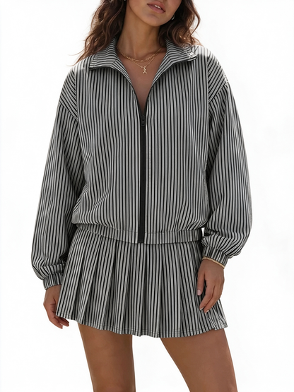 Women Casual Vertical Textured Two‑Piece Zip Jacket High Waist Pleated Skirt