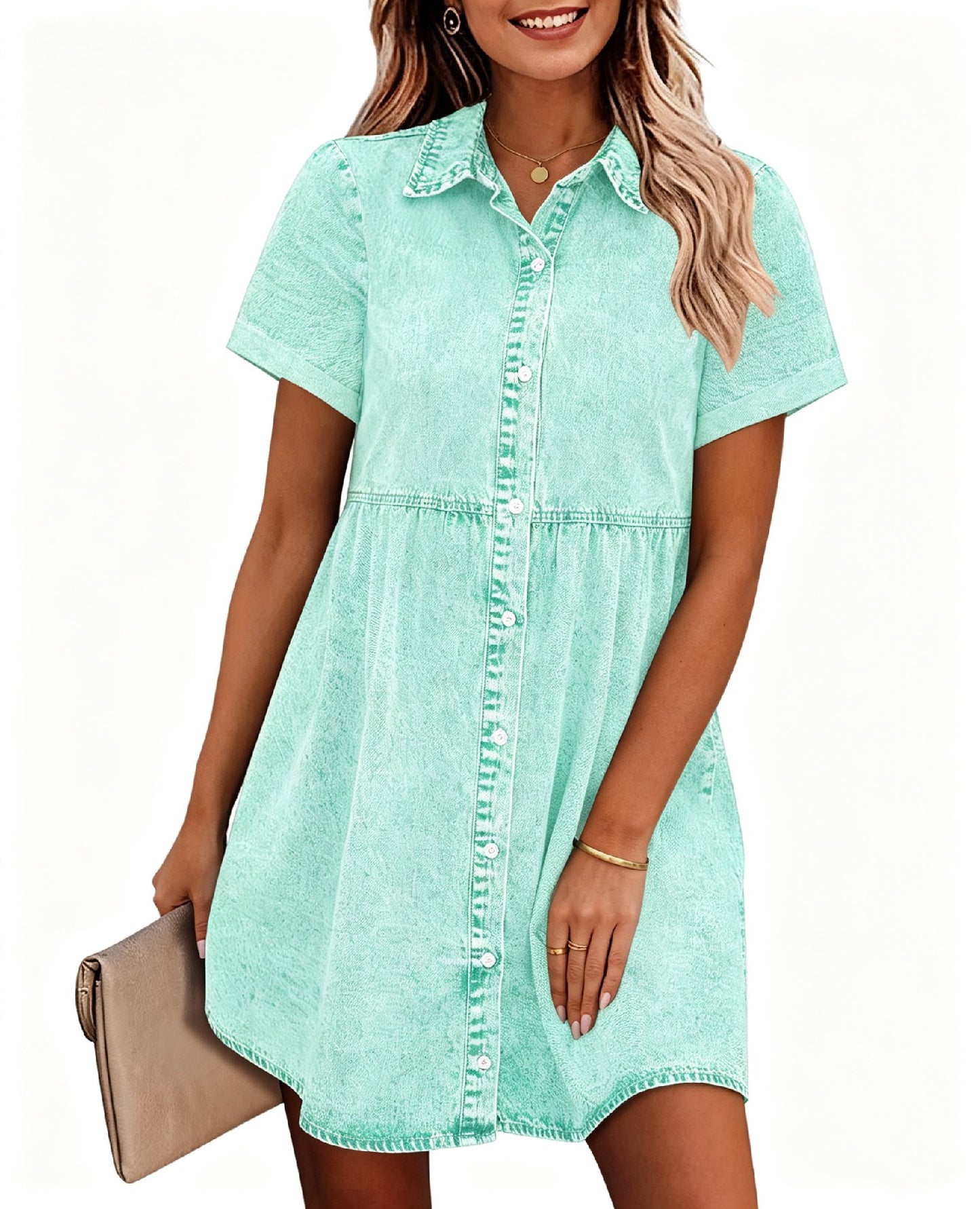 Women's Short Sleeve Button Denim Shirt Dress