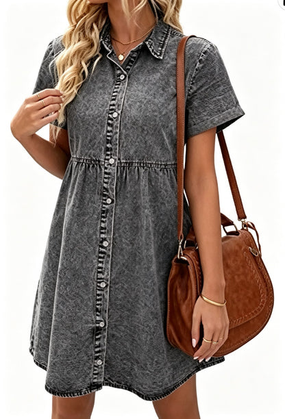 Women's Short Sleeve Button Denim Shirt Dress
