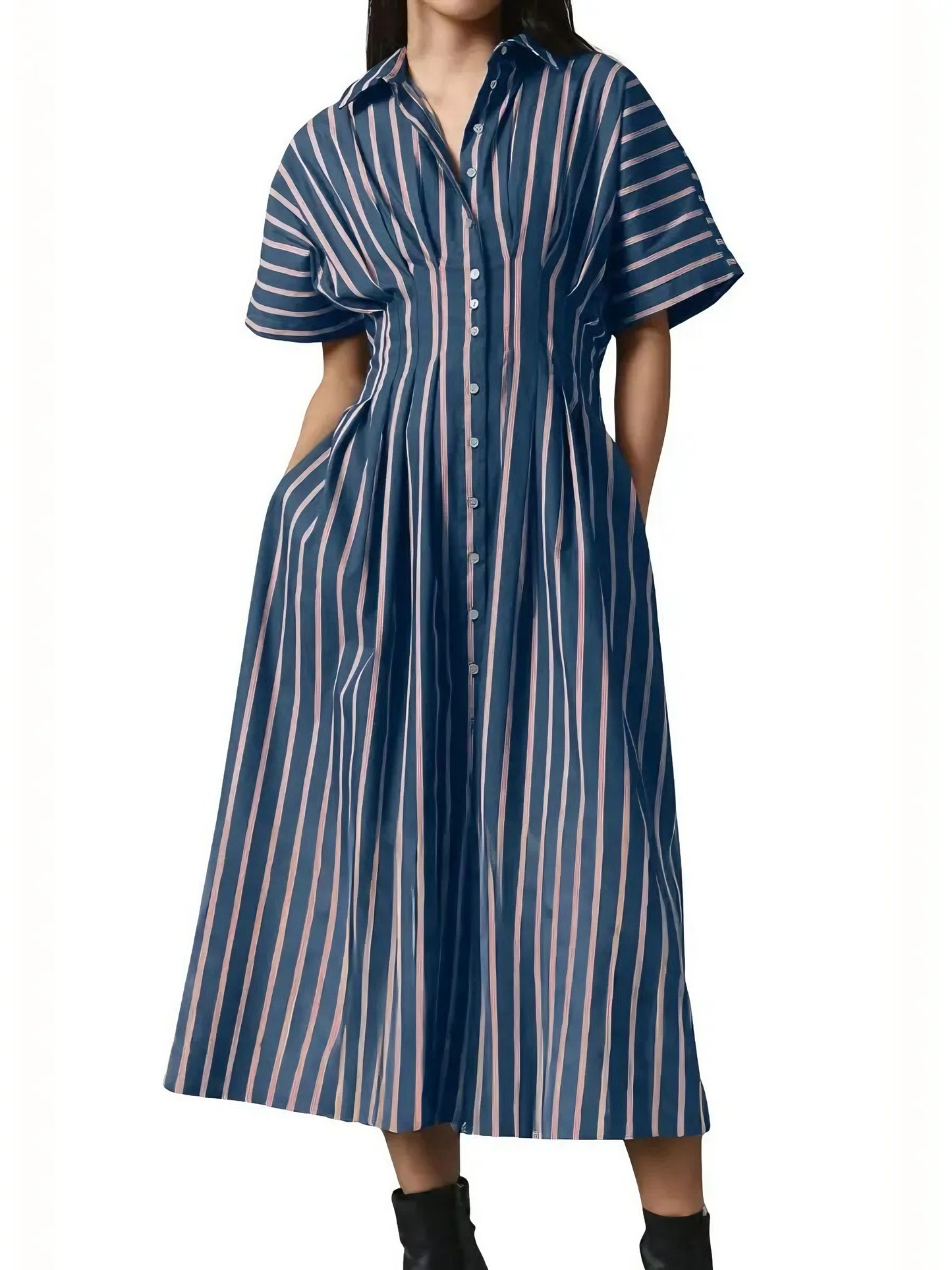 Pleated Waist Striped Shirt Midi Dress
