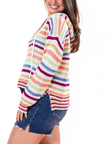 Women's Multicolor Stripe Drawstring Hooded Long Sleeve Knit Pullover