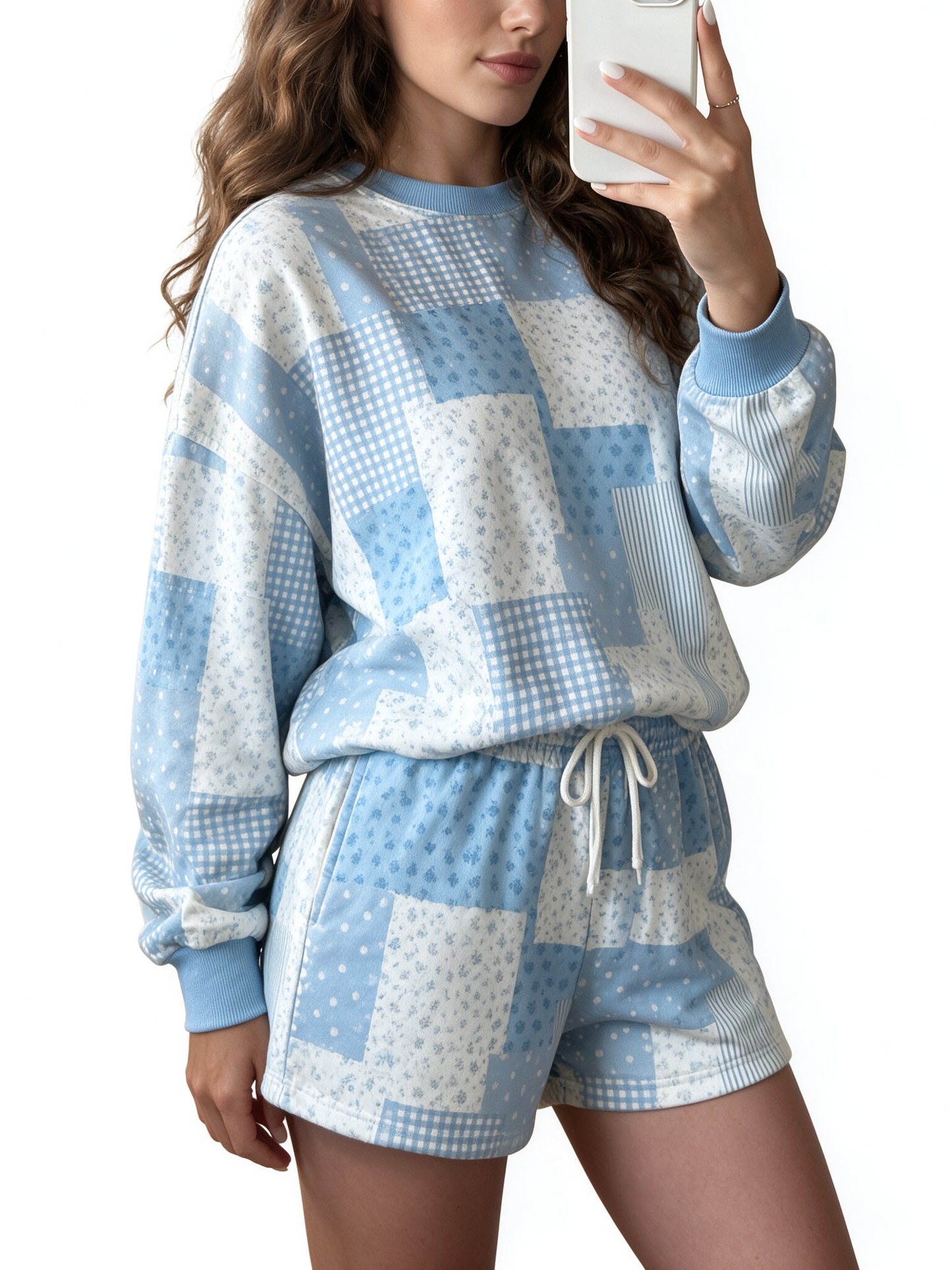 Women's Blue Patchwork Floral Print 2-Piece Loungewear Set