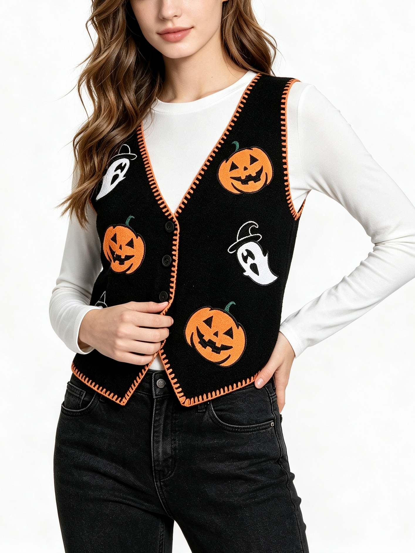 Women Knitted V‑Neck Pumpkin Ghost Print Contrast Binding Button Vest