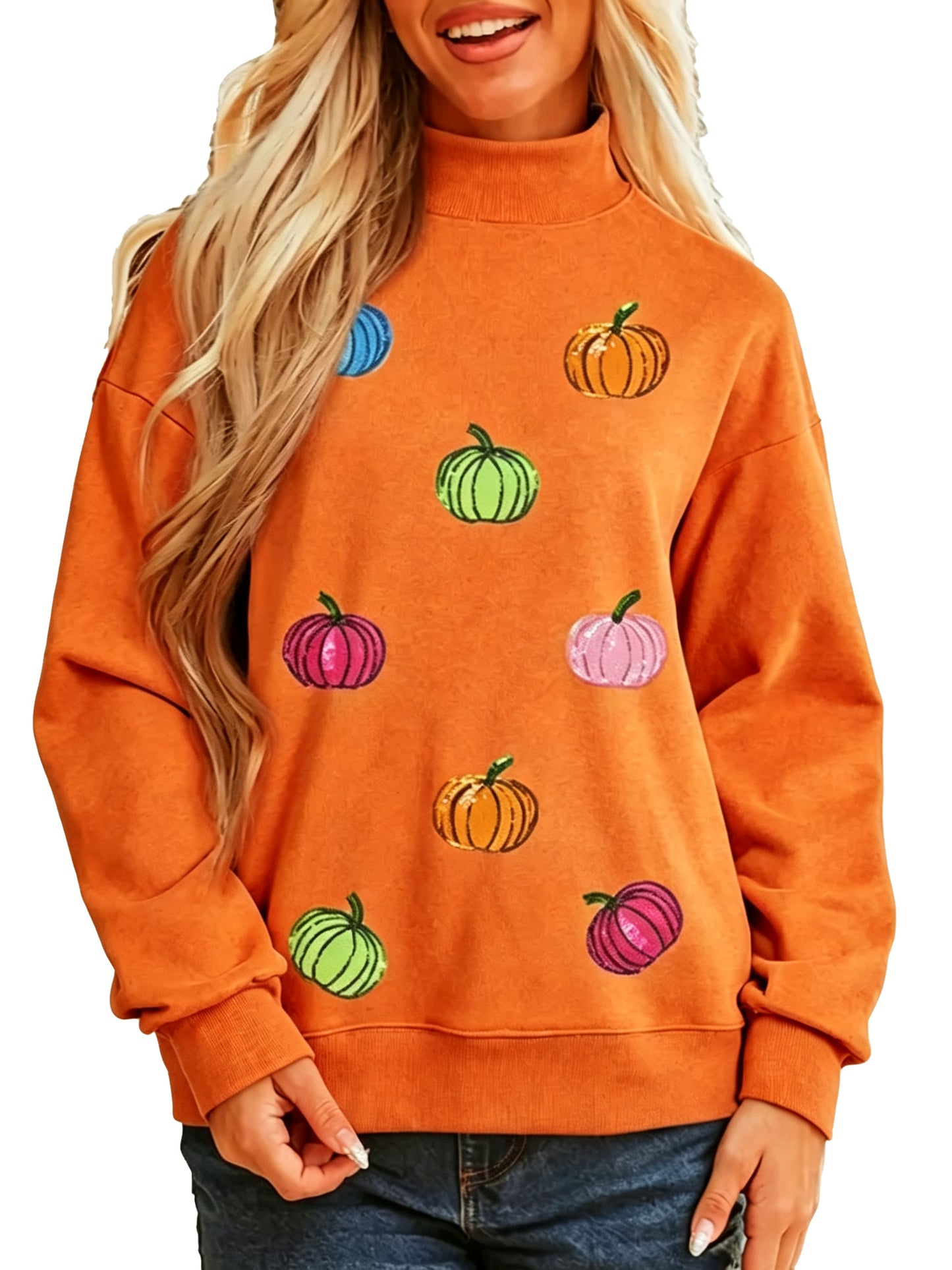 Women Sequin Pumpkin Pattern Mock Neck Sweatshirt Casual Pullover Tops
