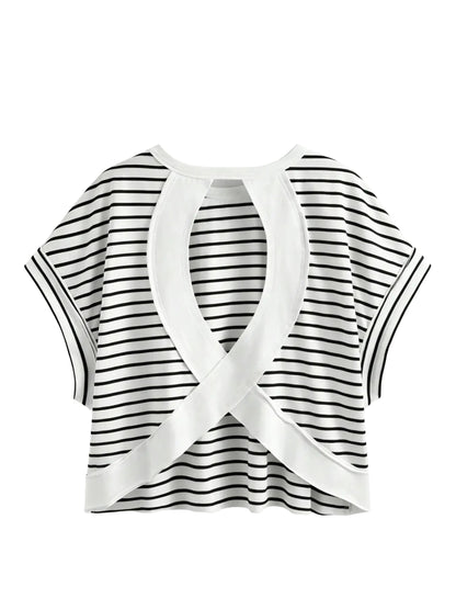 Polka Dot & Striped Cross Back Cutout Cropped Tee