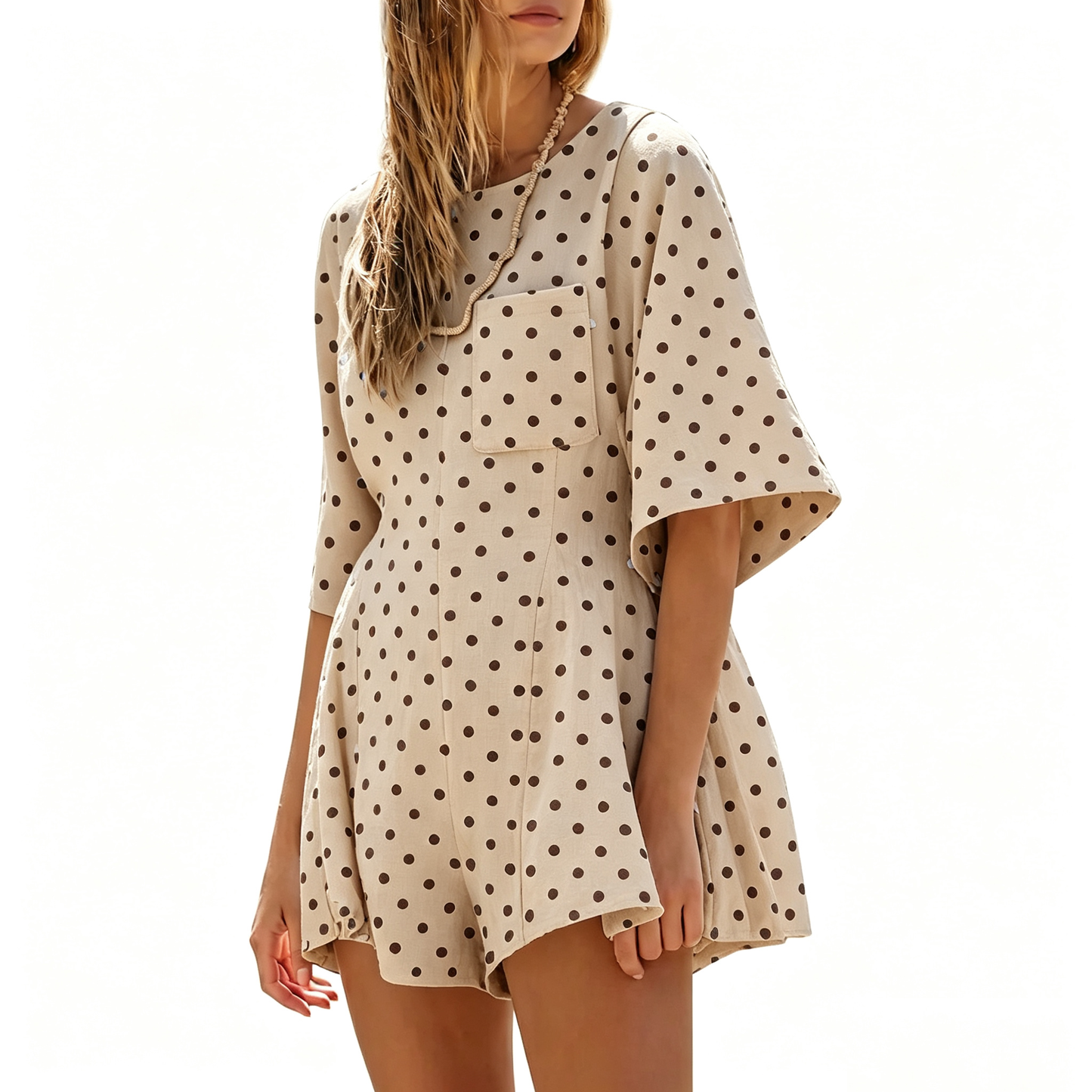 Crew Neck Short Sleeve Loose Casual Romper With Front Pockets