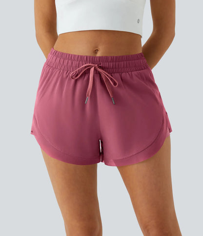 ✨Women Mid Rise Drawstring Contrast Mesh 2-in-1 Flowy Running Shorts 3''