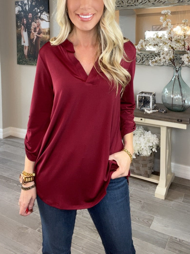 HOT SALE V Neck Satin 3/4 Sleeve Button Blouse