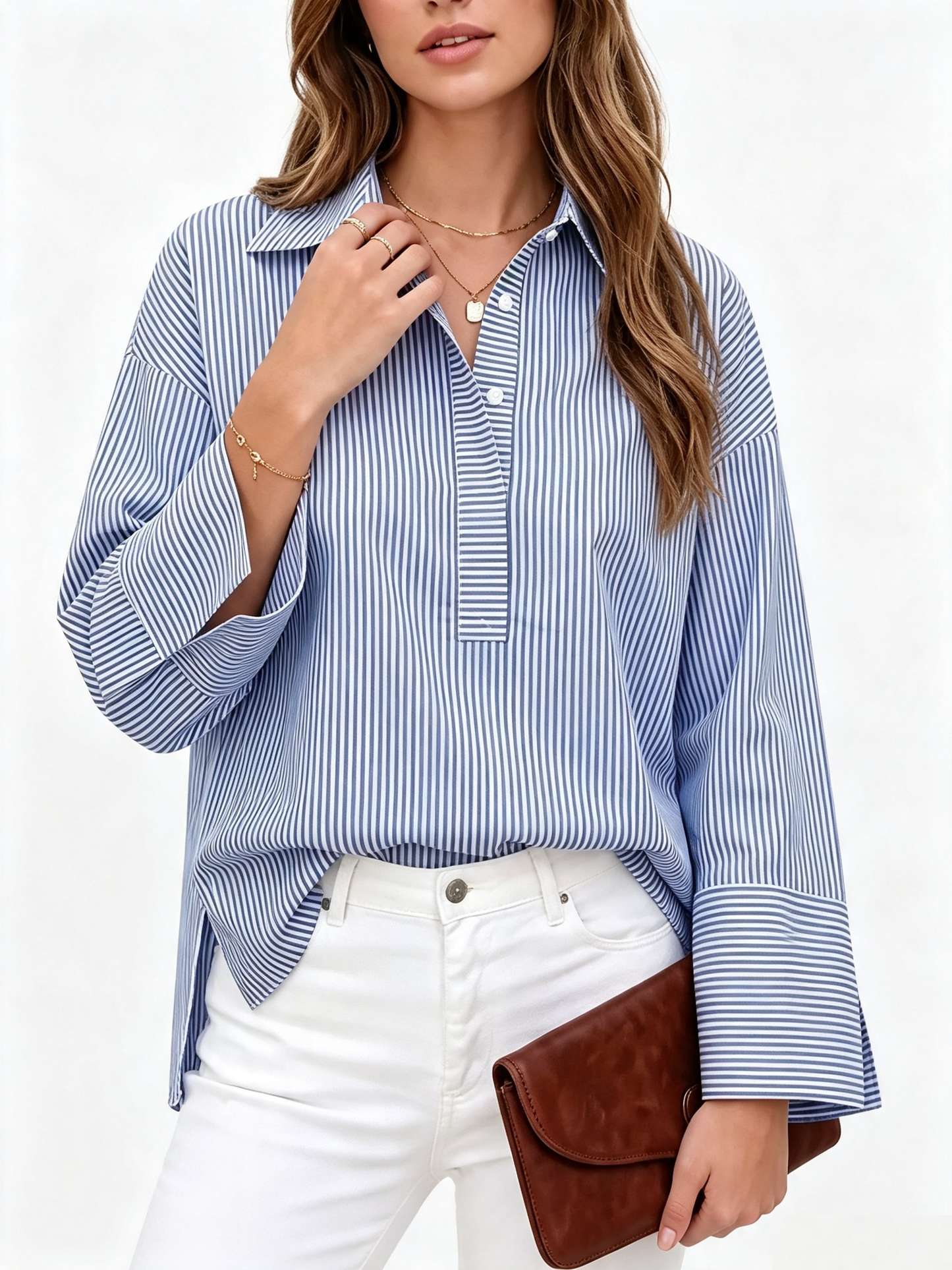 Women Casual Striped Print Long Sleeve Collared Button Front Loose Shirt