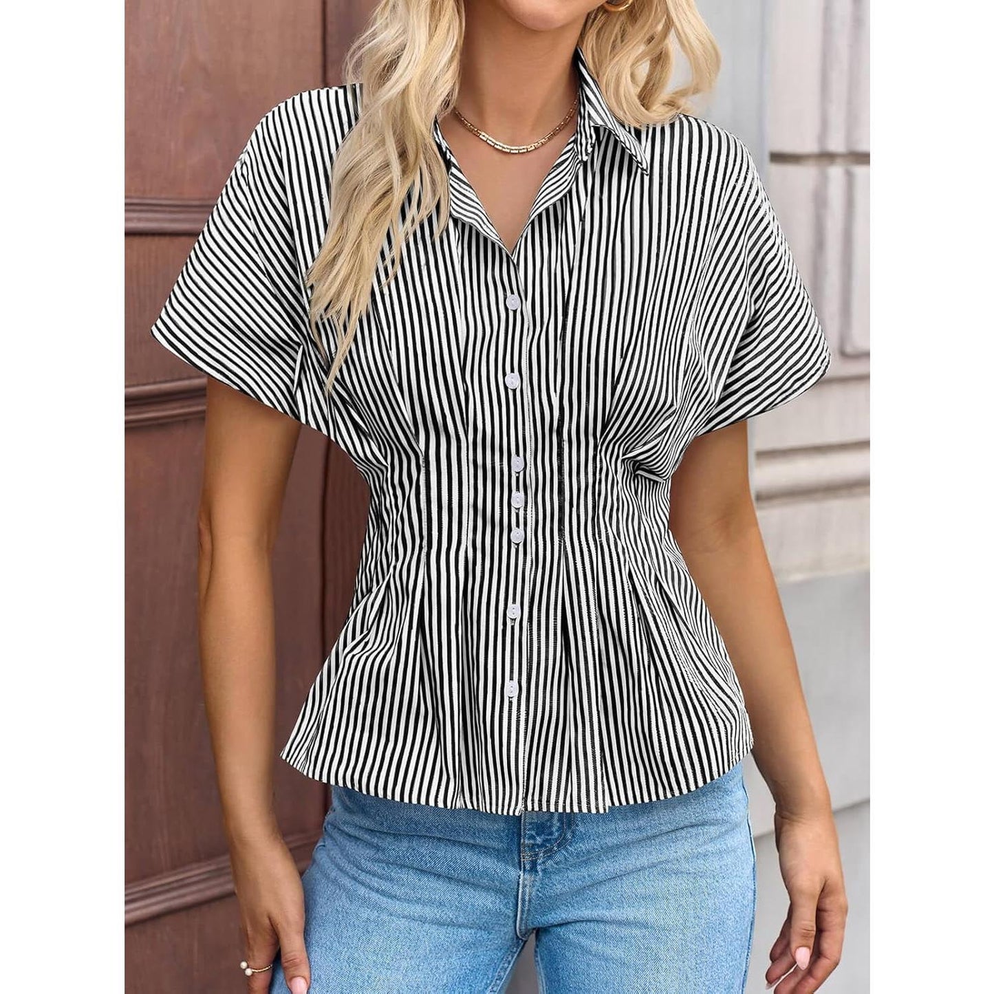 Women's Striped Peplum Button-Down Blouse