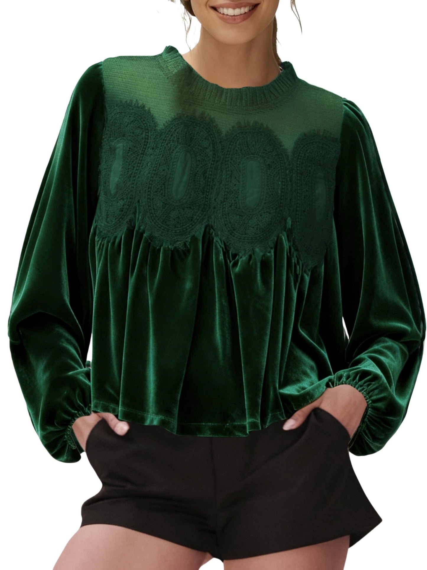 ⏰Hot Sale-Women's Long Sleeve Velvet Trim Lace Blouse Elegant Flared Swing Top