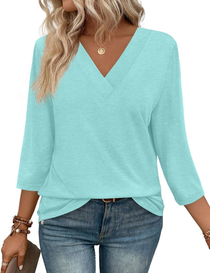 ✨Women's Trendy V Neck 3/4 Long Sleeve Tops Loose Fit Blouse
