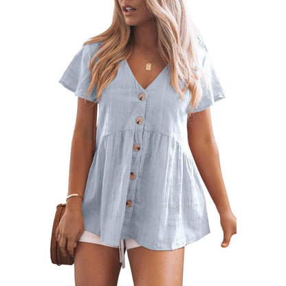 Women's Short Sleeve V Neck Blouse Button Down Shirt Loose Casual Ruffle Hem Babydoll Peplum Top