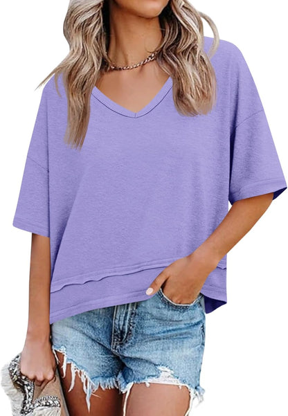 Women's V-Neck Spliced Hem Casual Top