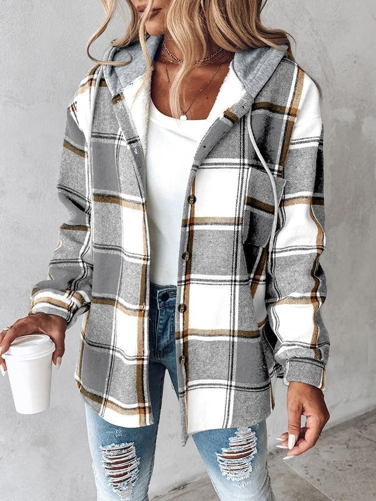 ✨Women's Plaid Button Down Fleece Lined Hooded Jackets Warm Coat