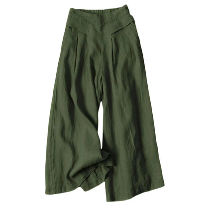 ⏰Hot Sale-Women's Cotton Linen Culottes Pants Elastic Waist Wide Leg Palazzo Trousers