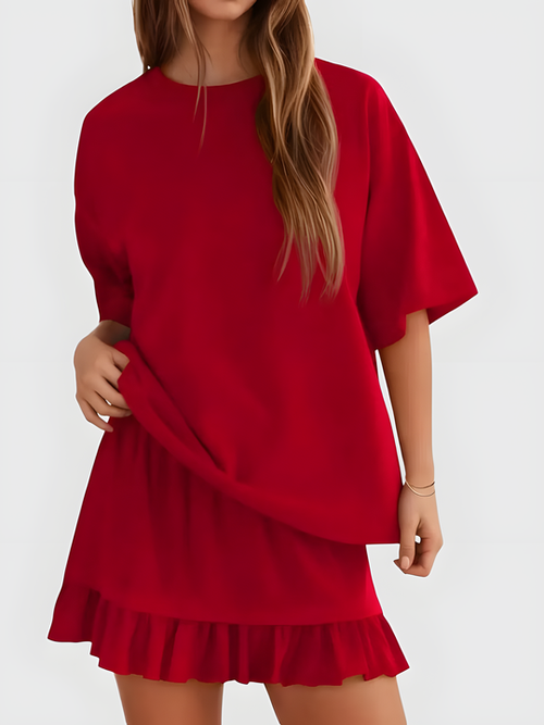Women Solid 2 Piece Short Sleeve Top & Mini Skirt Set