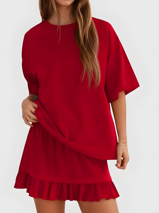 Women Solid 2 Piece Short Sleeve Top & Mini Skirt Set