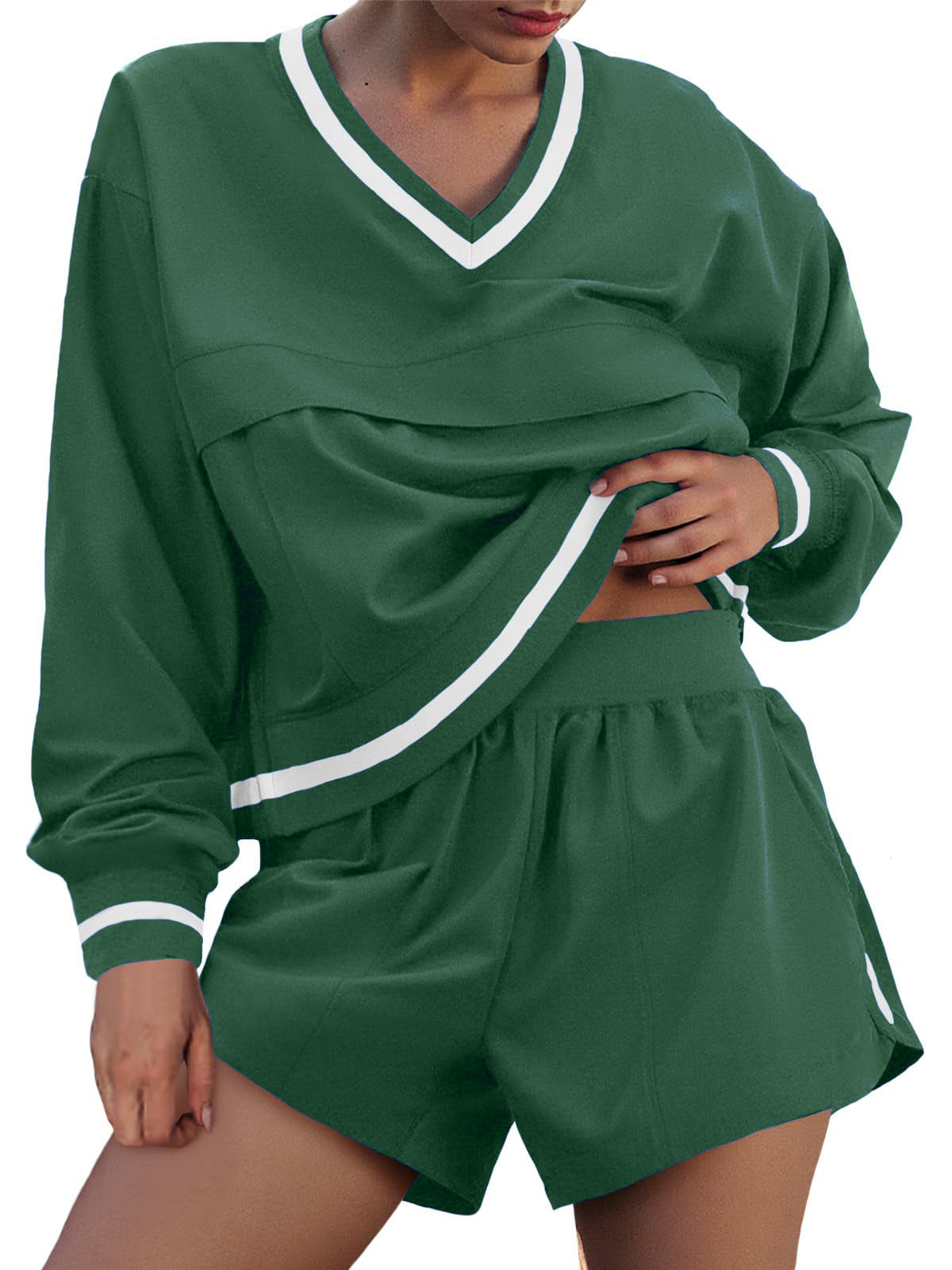Womens Long Sleeve V Neck Sweatshirt High Waist Running Shorts Sets