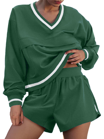 Womens Long Sleeve V Neck Sweatshirt High Waist Running Shorts Sets