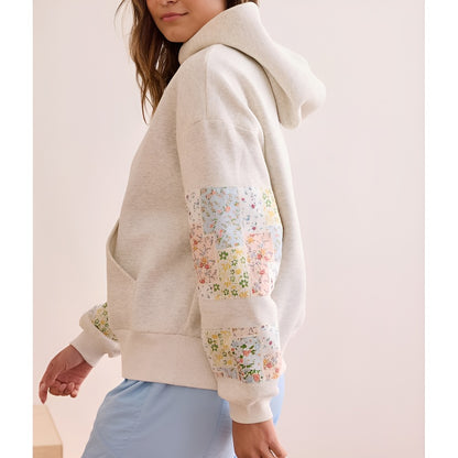 Womens Hooded Sweatshirt Long Sleeve Floral Print Patchwork Casual Loose Fit Tops