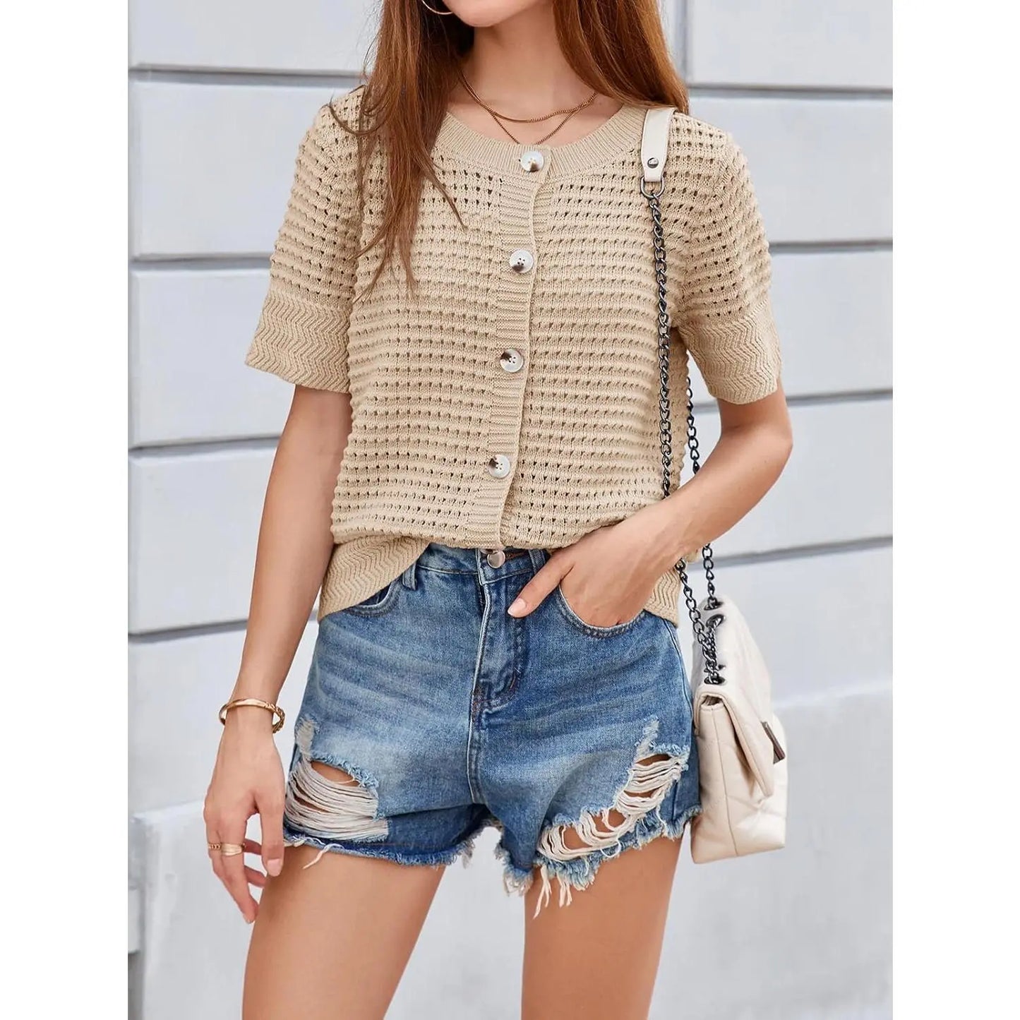 Womens Crochet Short Sleeve Cardigans Button Up Crew Neck Summer