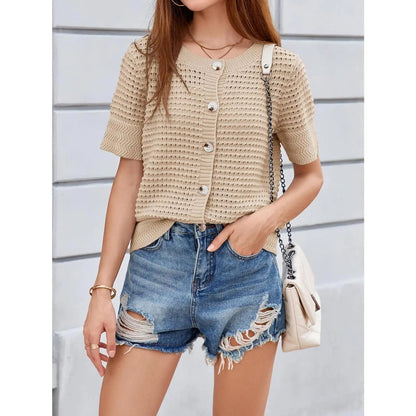 Womens Crochet Short Sleeve Cardigans Button Up Crew Neck Summer