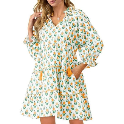 Women's Casual Floral Ruffle V-Neck Mini Dress with Pockets