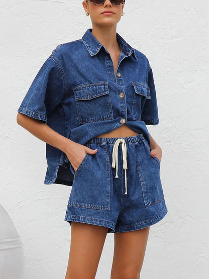 Women's wash denim shirt & shorts two-piece set