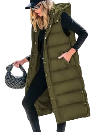 Long Hooded Puffer Vest For Women