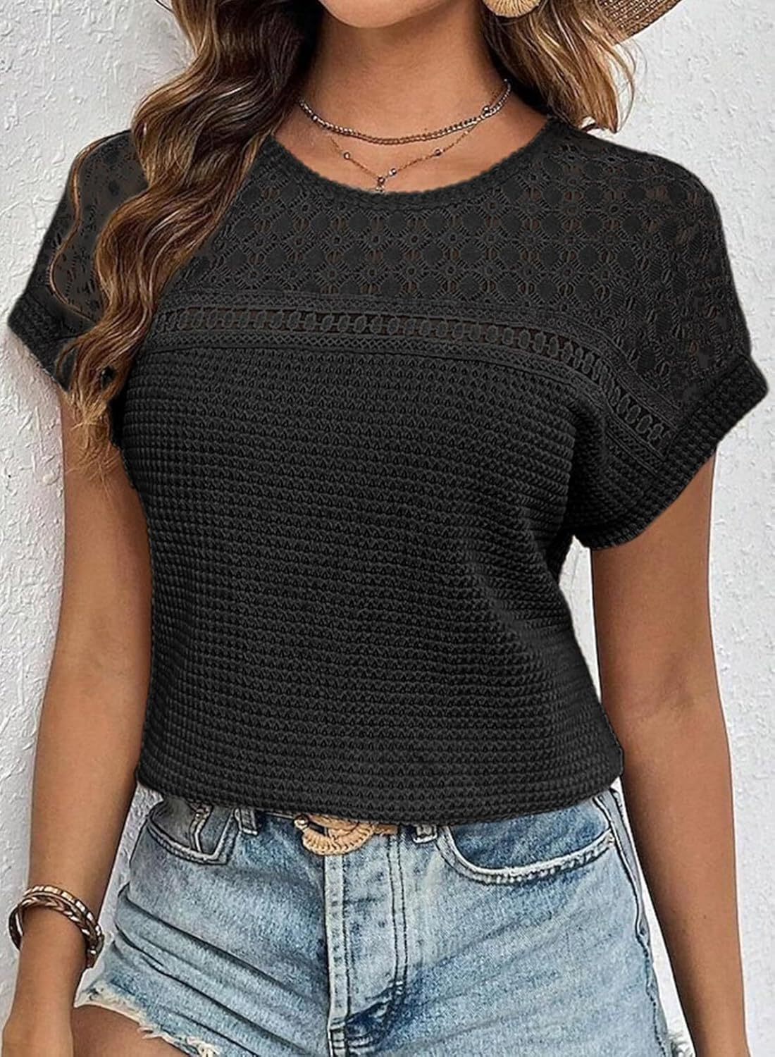 ✨Women's Casual Waffle Knit Hollow Out Short Sleeve Shirts