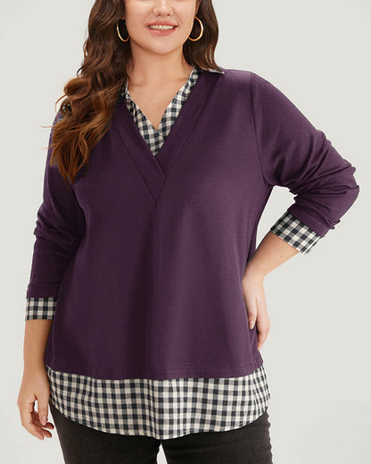 Plaid patchwork shirt V-neck curved hem sweatshirt